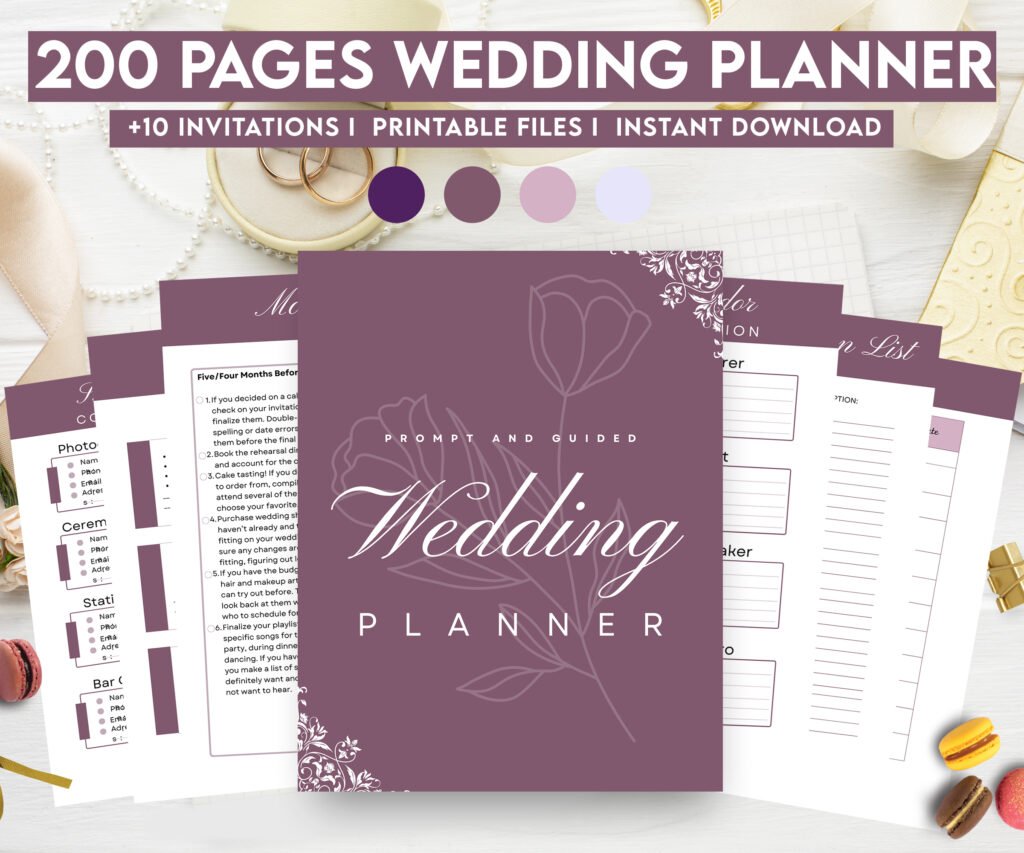 Lavender Wedding Planner Bundle – 200-Page Printable Canva Editable + 10 Editable Wedding Invitations | Instant Digital Download