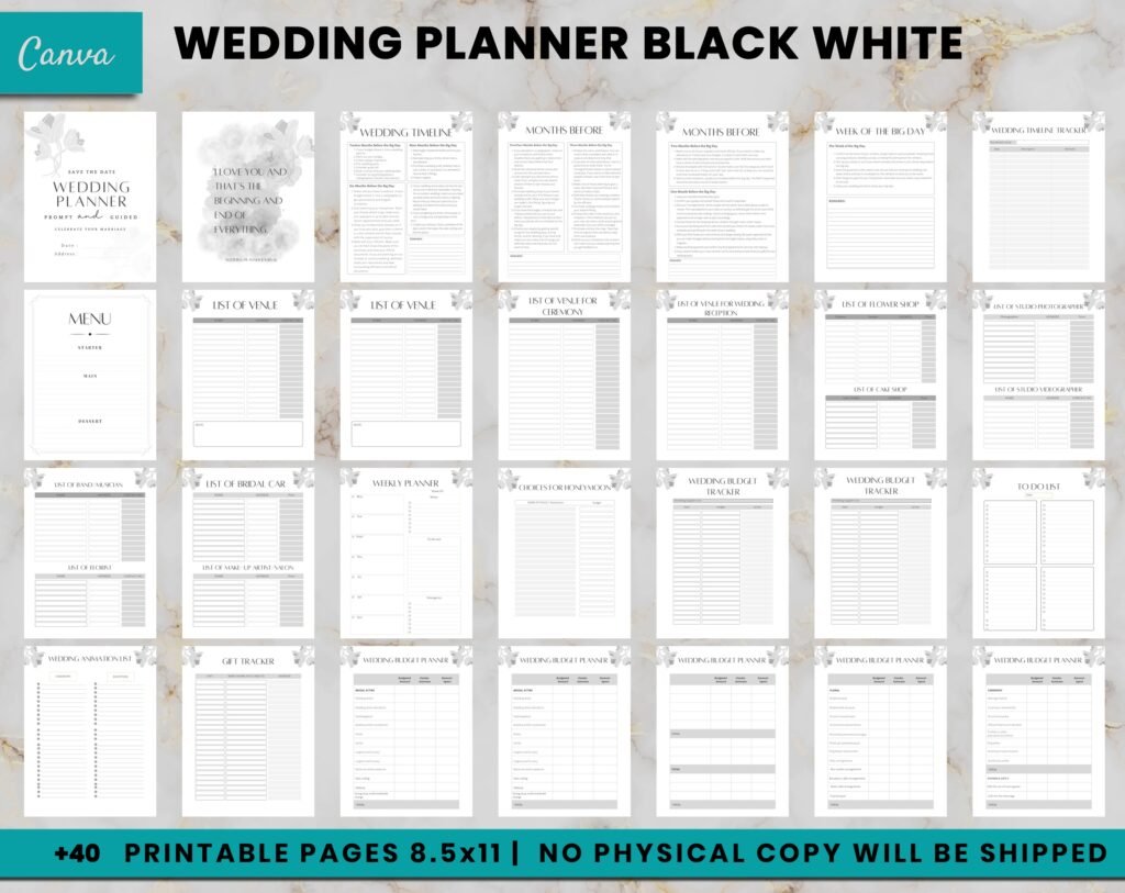 Black & White Wedding Planner – 200 Fully Editable Canva Templates | Printable & Digital Wedding Organizer
