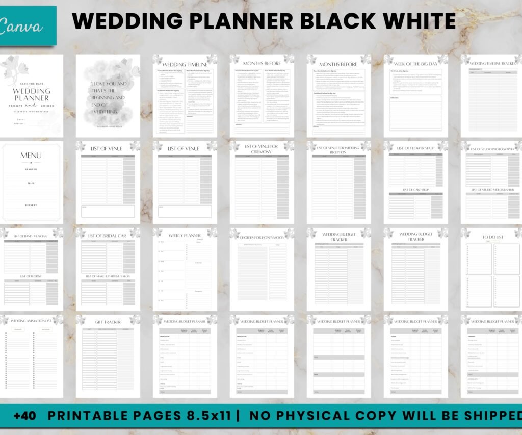 Black & White Wedding Planner – 200 Fully Editable Canva Templates | Printable & Digital Wedding Organizer