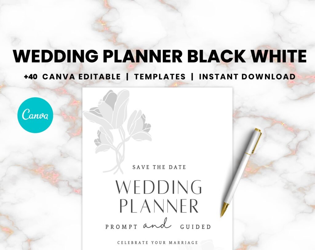 Alternative view of Black & White Wedding Planner – 200 Fully Editable Canva Templates | Printable & Digital Wedding Organizer