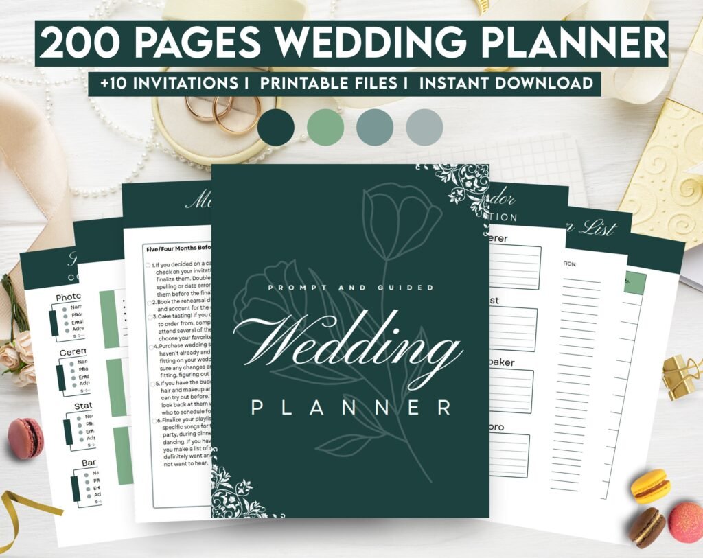 Emerald Green Wedding Planner Bundle – 200-Page Printable PDF + 10 Editable Wedding Invitations | Instant Digital Download