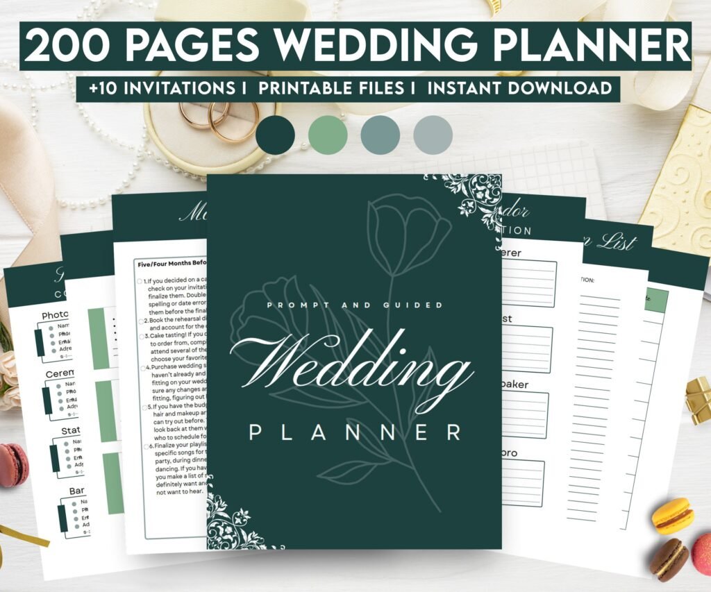 Emerald Green Wedding Planner Bundle – 200-Page Printable PDF + 10 Editable Wedding Invitations | Instant Digital Download