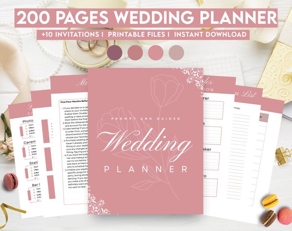 Dusty Rose Wedding Planner Bundle – 200-Page Printable PDF + 10 Editable Wedding Invitations | Instant Digital Download