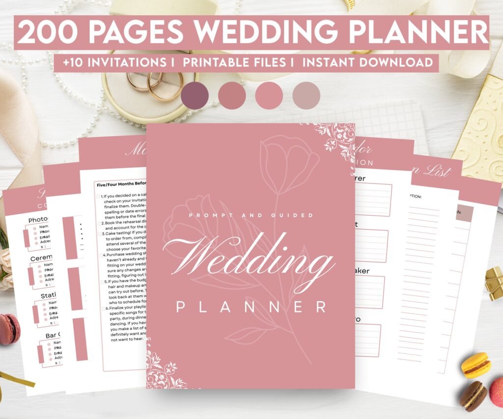 Dusty Rose Wedding Planner Bundle – 200-Page Printable PDF + 10 Editable Wedding Invitations | Instant Digital Download