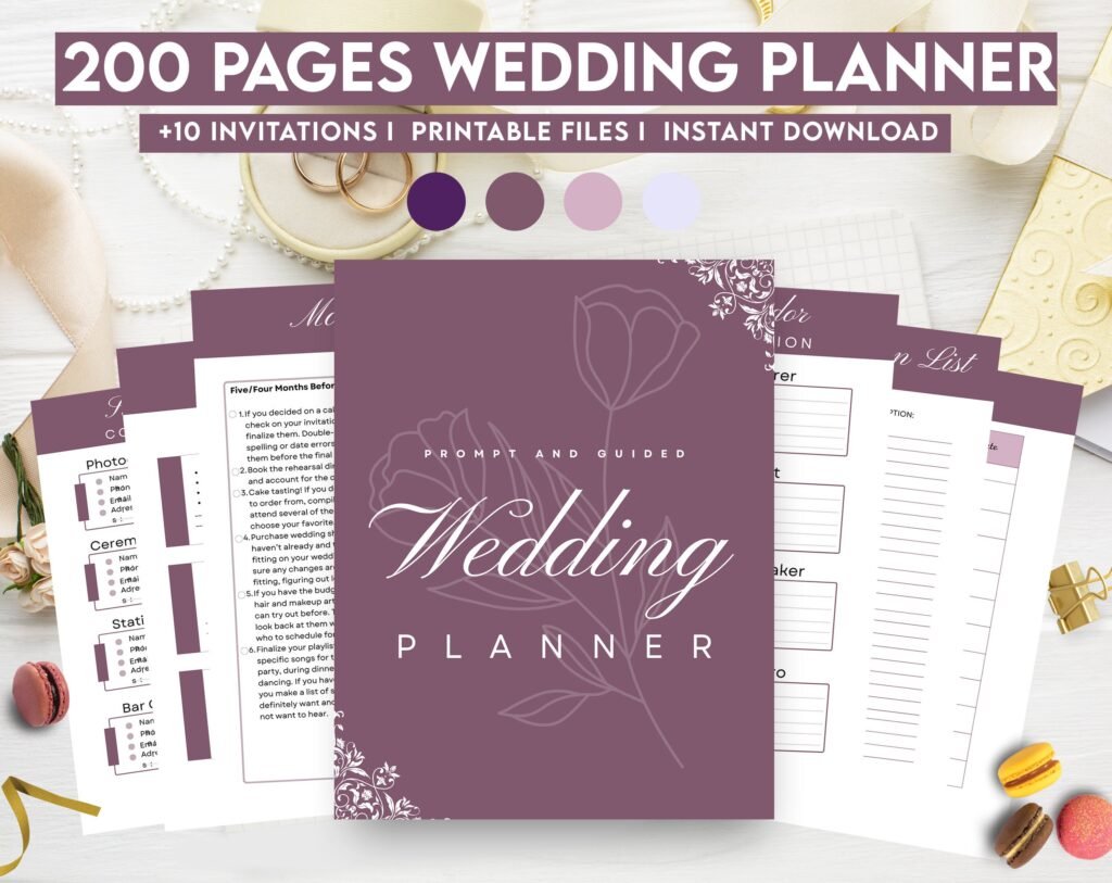 Lavender Wedding Planner Bundle – 200-Page Printable PDF + 10 Editable Wedding Invitations | Instant Digital Download