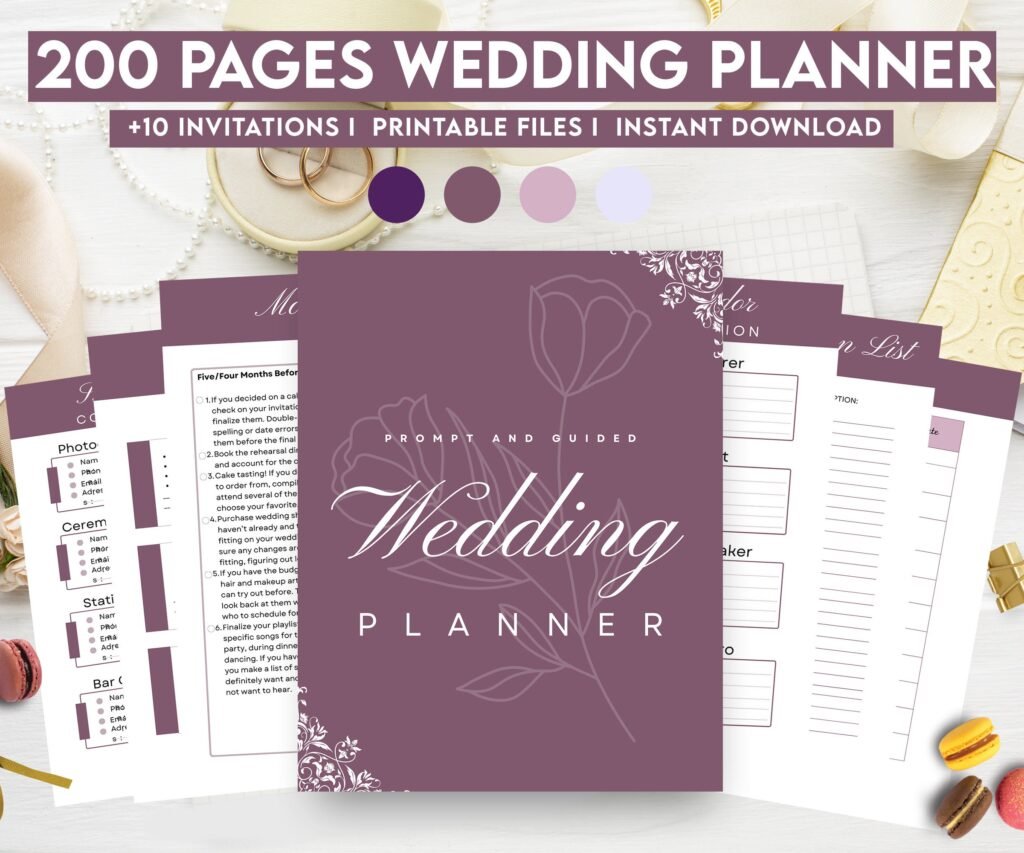 Lavender Wedding Planner Bundle – 200-Page Printable PDF + 10 Editable Wedding Invitations | Instant Digital Download