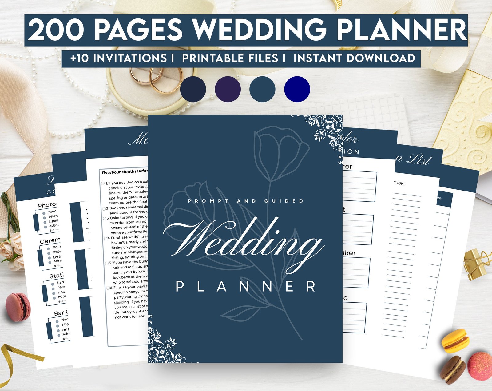 Navy Blue Wedding Planner Bundle – 200-Page Printable PDF + 10 Editable Wedding Invitations | Instant Digital Download
