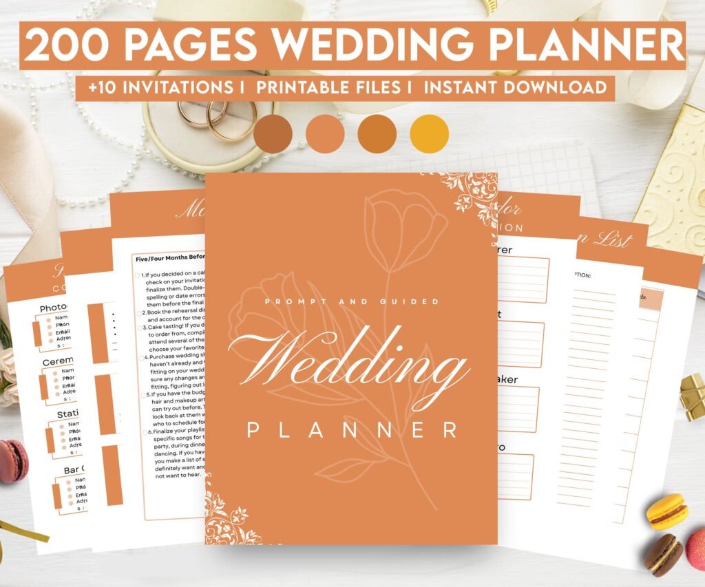 Orange Wedding Planner Bundle – 200-Page Printable PDF + 10 Editable Wedding Invitations | Instant Digital Download
