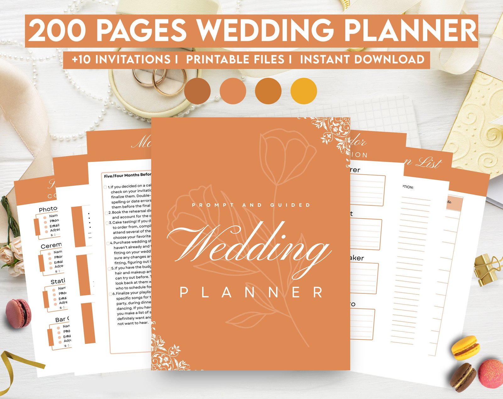 Orange Wedding Planner Bundle – 200-Page Printable PDF + 10 Editable Wedding Invitations | Instant Digital Download