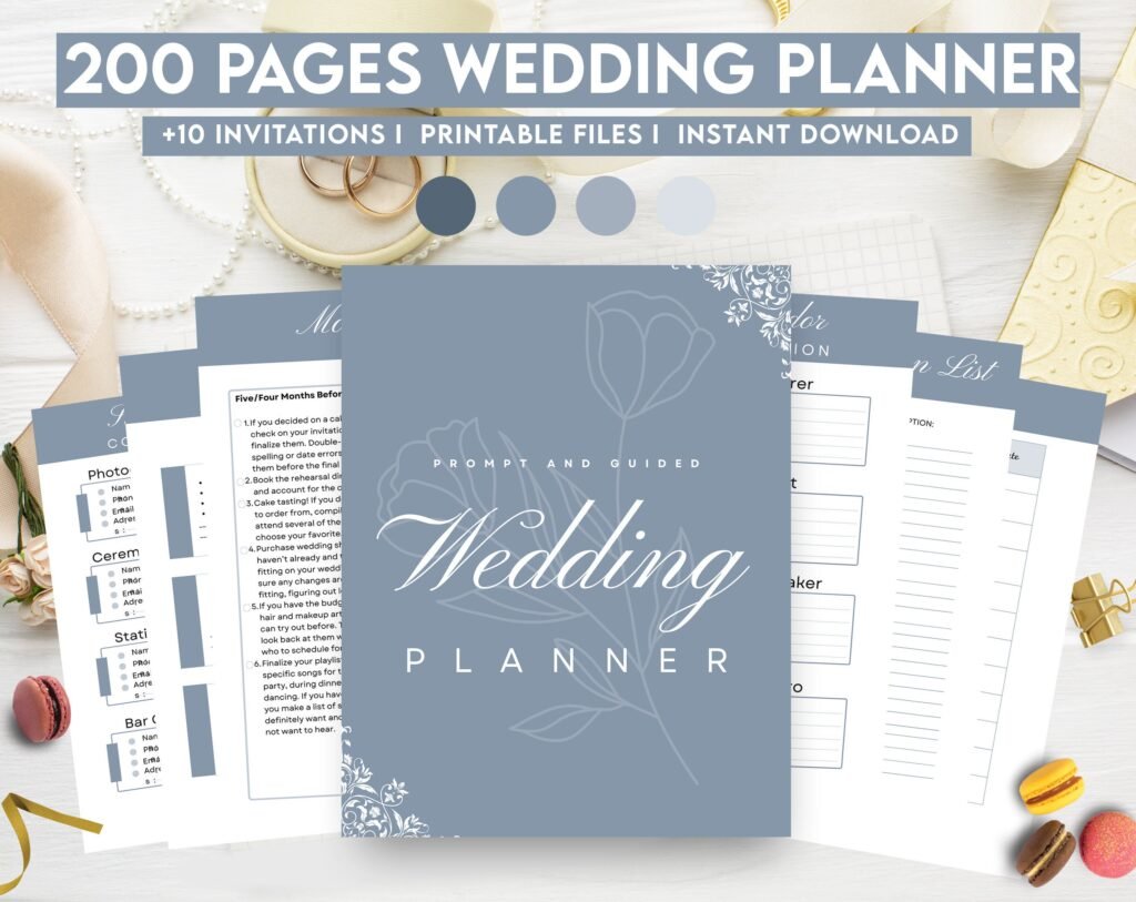 Dusty Blue Wedding Planner Bundle – 200-Page Printable PDF + 10 Editable Wedding Invitations | Instant Digital Download