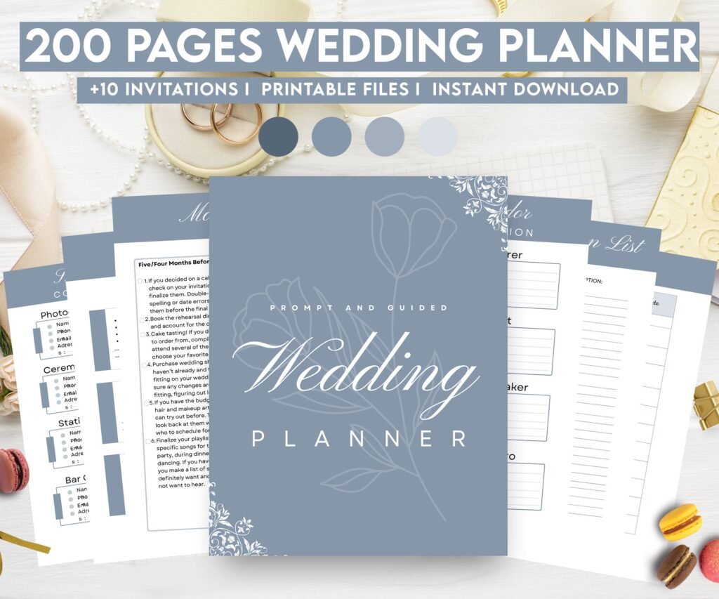 Dusty Blue Wedding Planner Bundle – 200-Page Printable PDF + 10 Editable Wedding Invitations | Instant Digital Download