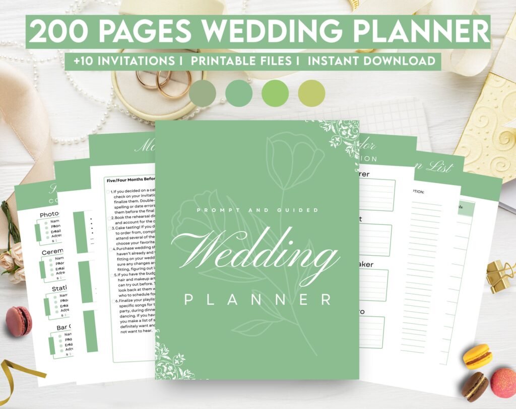 Sage Green Wedding Planner Bundle – 200-Page Printable PDF + 10 Editable Wedding Invitations | Instant Digital Download