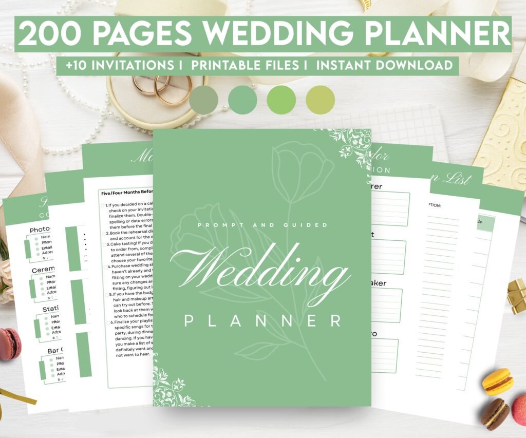 Sage Green Wedding Planner Bundle – 200-Page Printable PDF + 10 Editable Wedding Invitations | Instant Digital Download