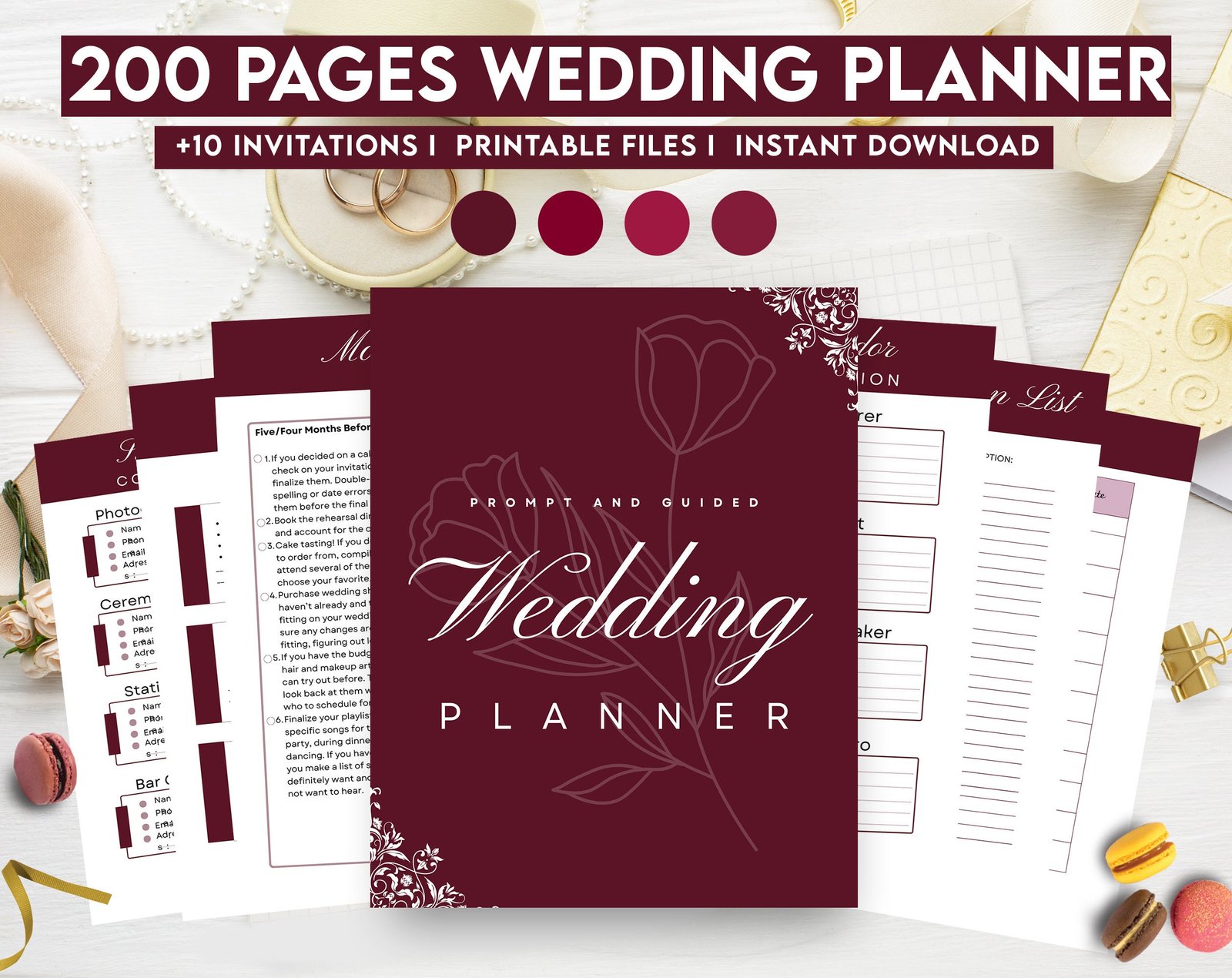 Wine Wedding Planner Bundle – 200-Page Printable PDF + 10 Editable Wedding Invitations | Instant Digital Download