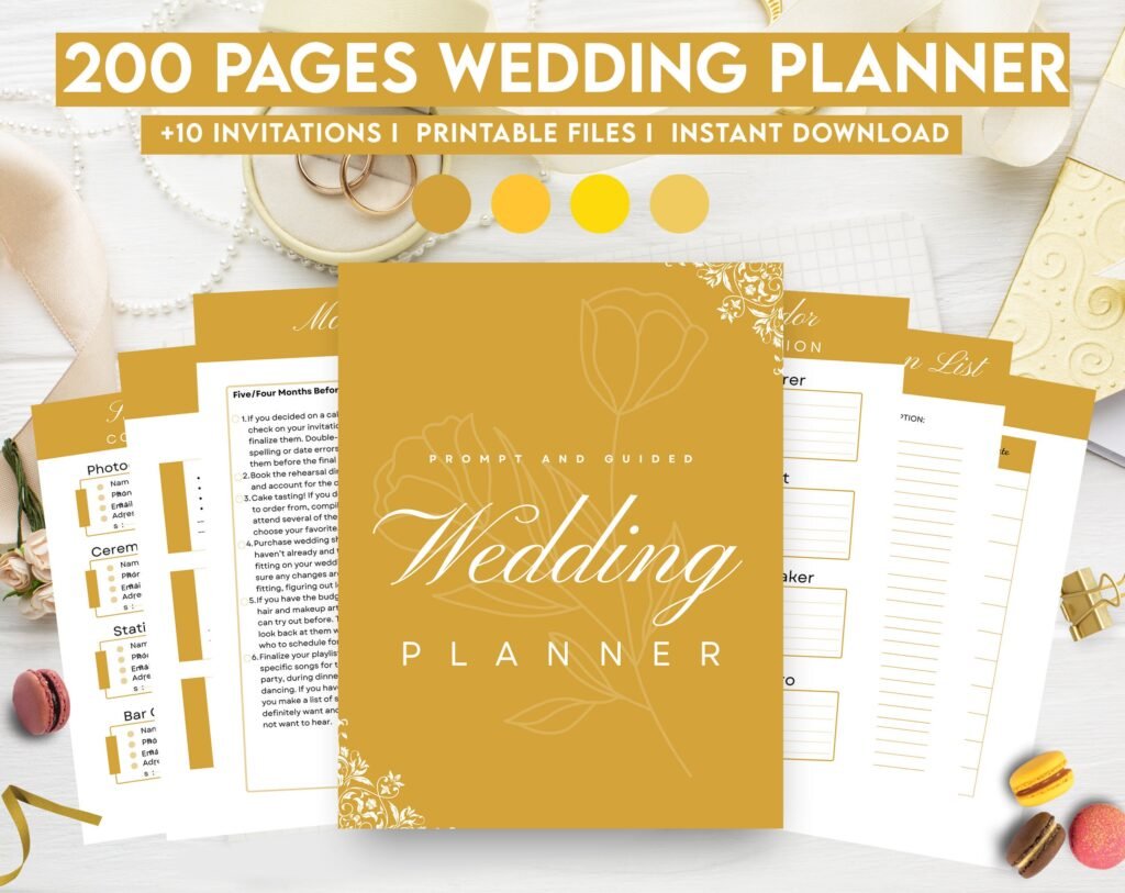 Yellow Wedding Planner Bundle – 200-Page Printable PDF + 10 Editable Wedding Invitations | Instant Digital Download