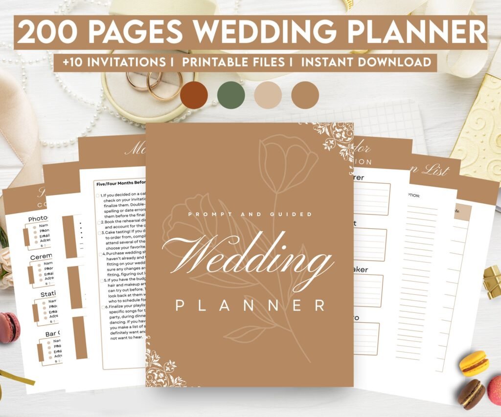Earth Tones Wedding Planner Bundle – 200-Page Printable PDF + 10 Editable Wedding Invitations | Instant Digital Download