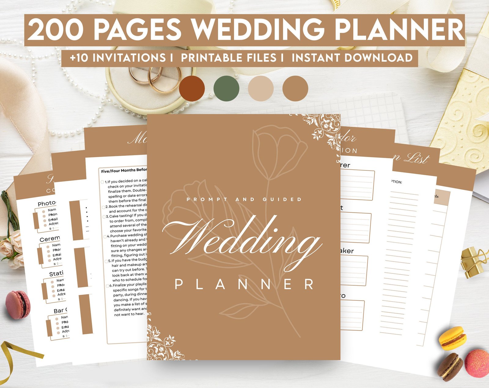 Earth Tones Wedding Planner Bundle – 200-Page Printable PDF + 10 Editable Wedding Invitations | Instant Digital Download