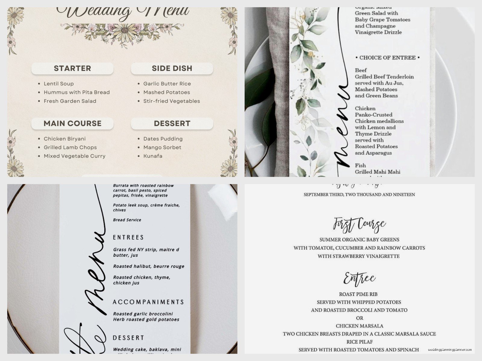 Wedding Menu Examples: Reception Dinner Card Samples