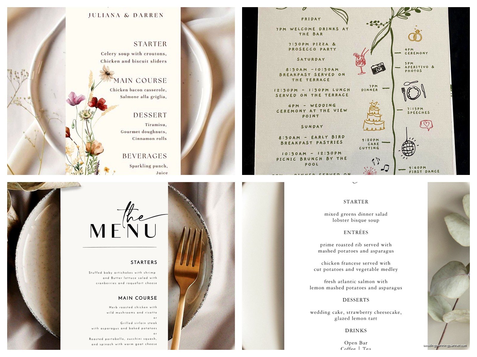 Wedding Menu Examples: Reception Dinner Card Samples