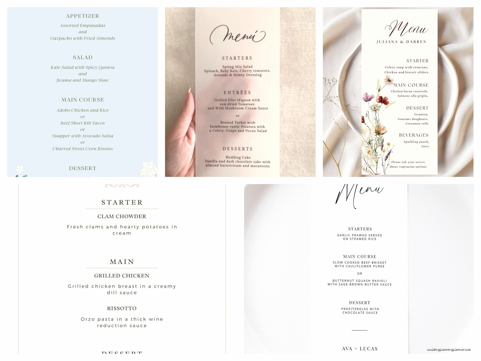 Wedding Menu Samples: Reception Dinner Card Examples