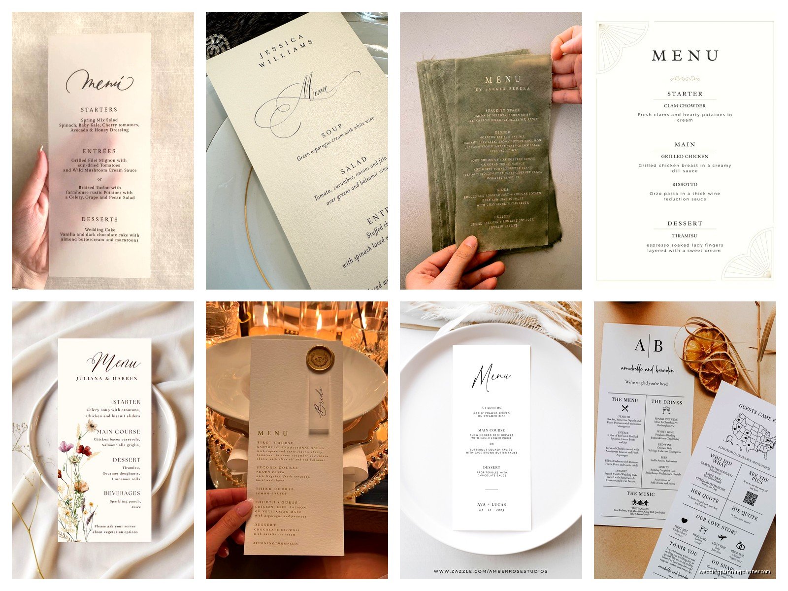 Wedding Menu Samples: Reception Dinner Card Examples