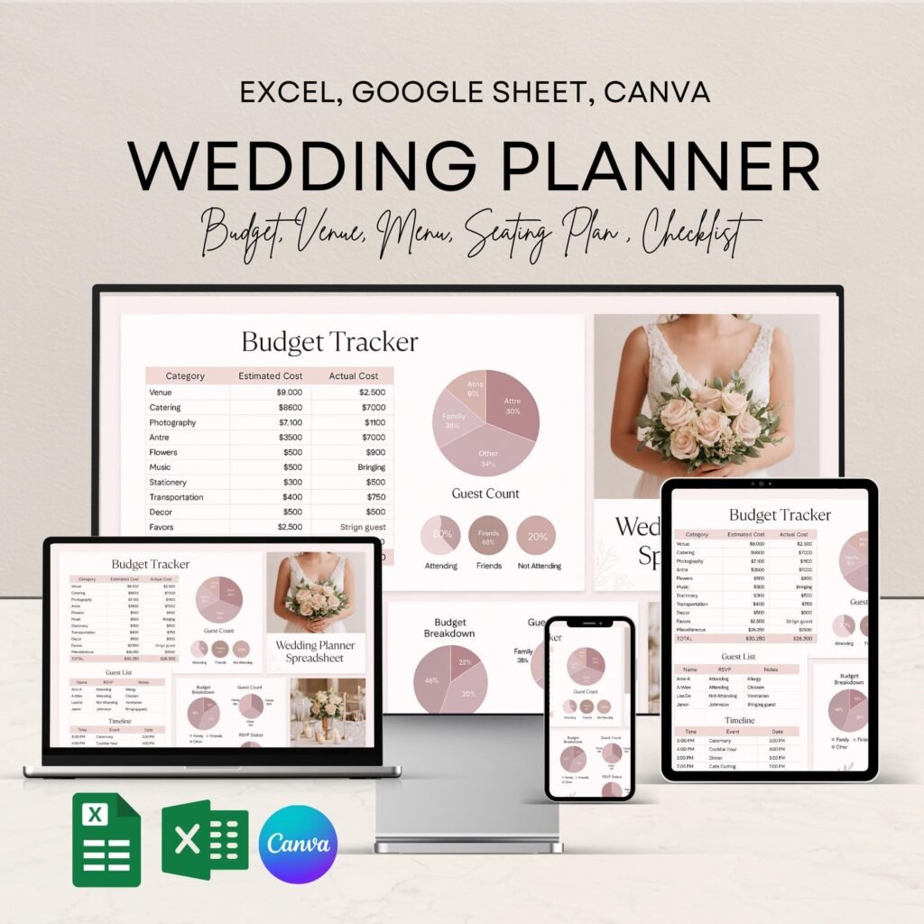 Wedding Planner Spreadsheet + 200 Wedding Canva Templates + 100 Wedding Sign Boards, Invitations, Google sheet, all-in-one digital wedding