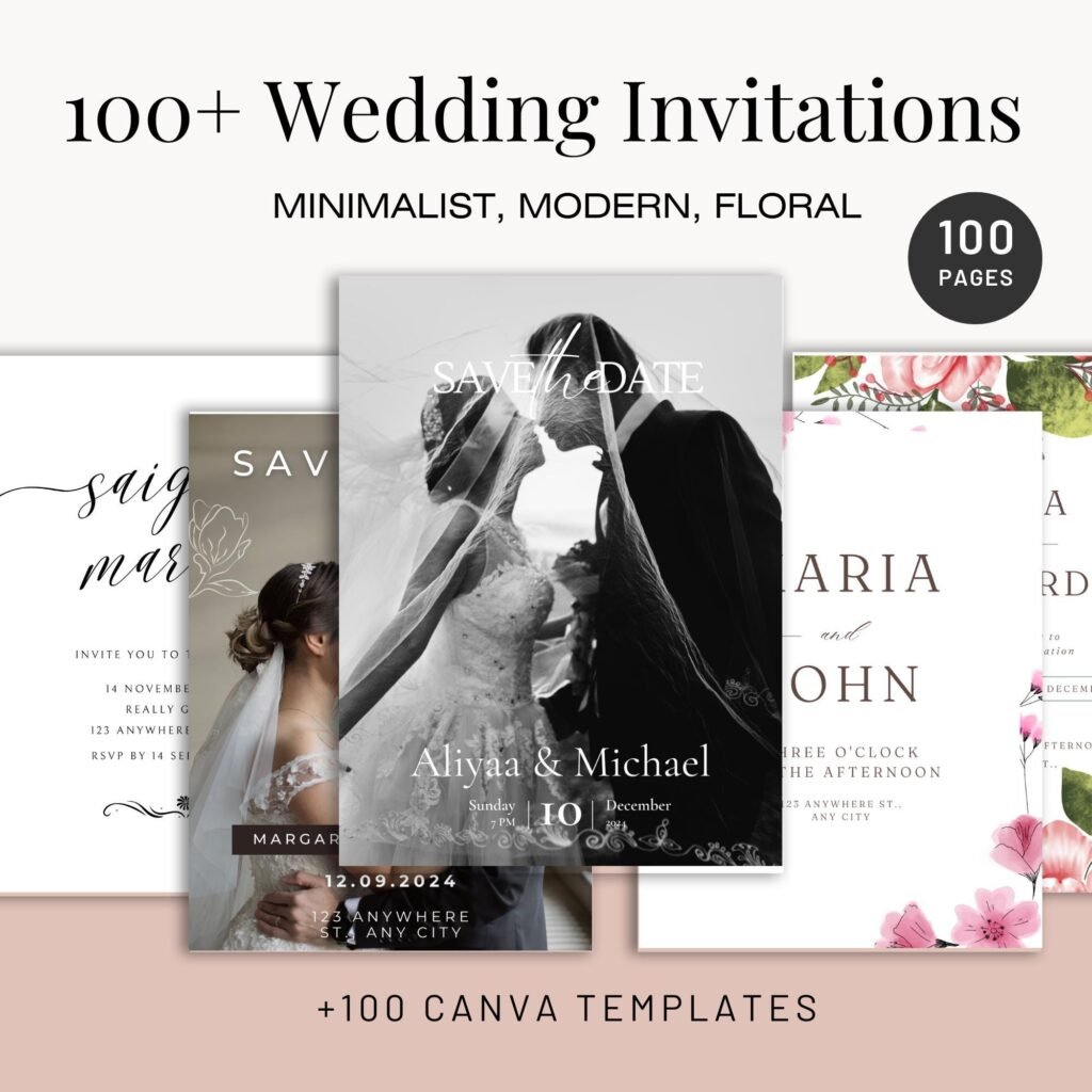100+ Customizable Wedding Invitations templates, Canva Editable Wedding invitation Minimalist, Modern, Boho, Floral