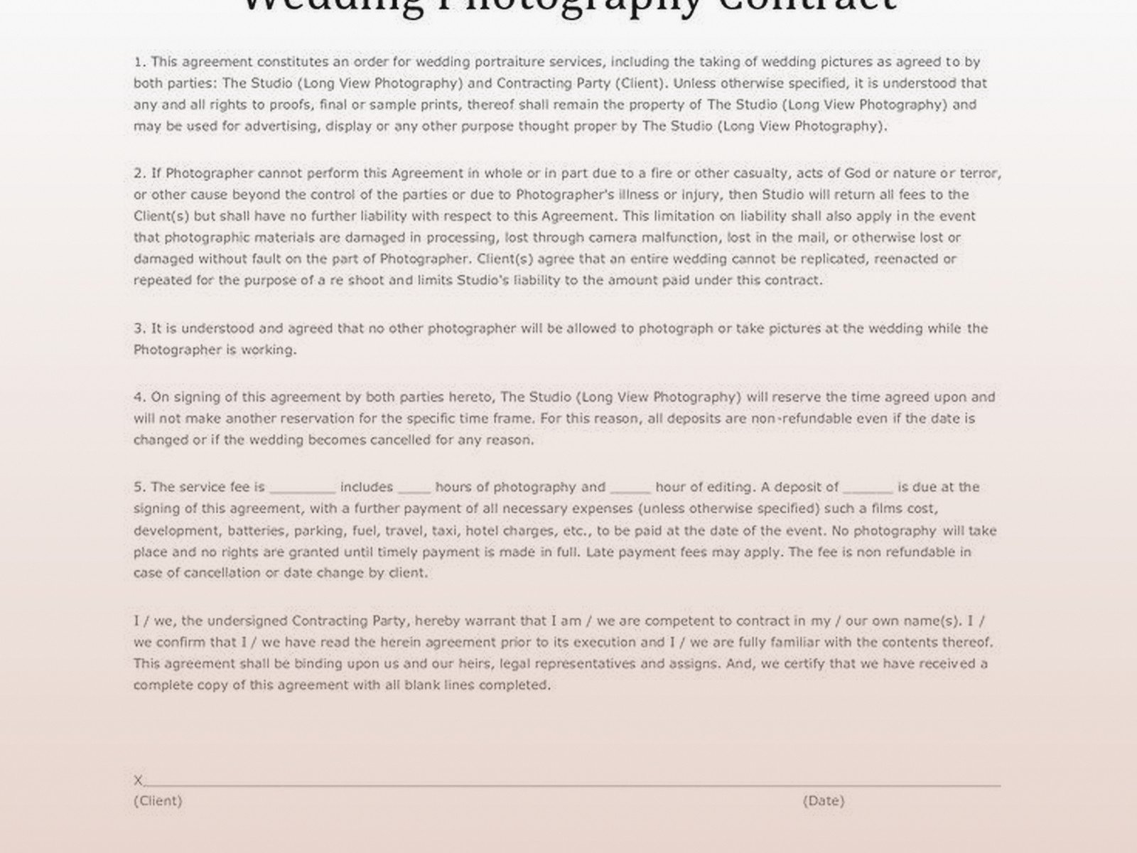Wedding Photography Contract Template: Photographer Agreement