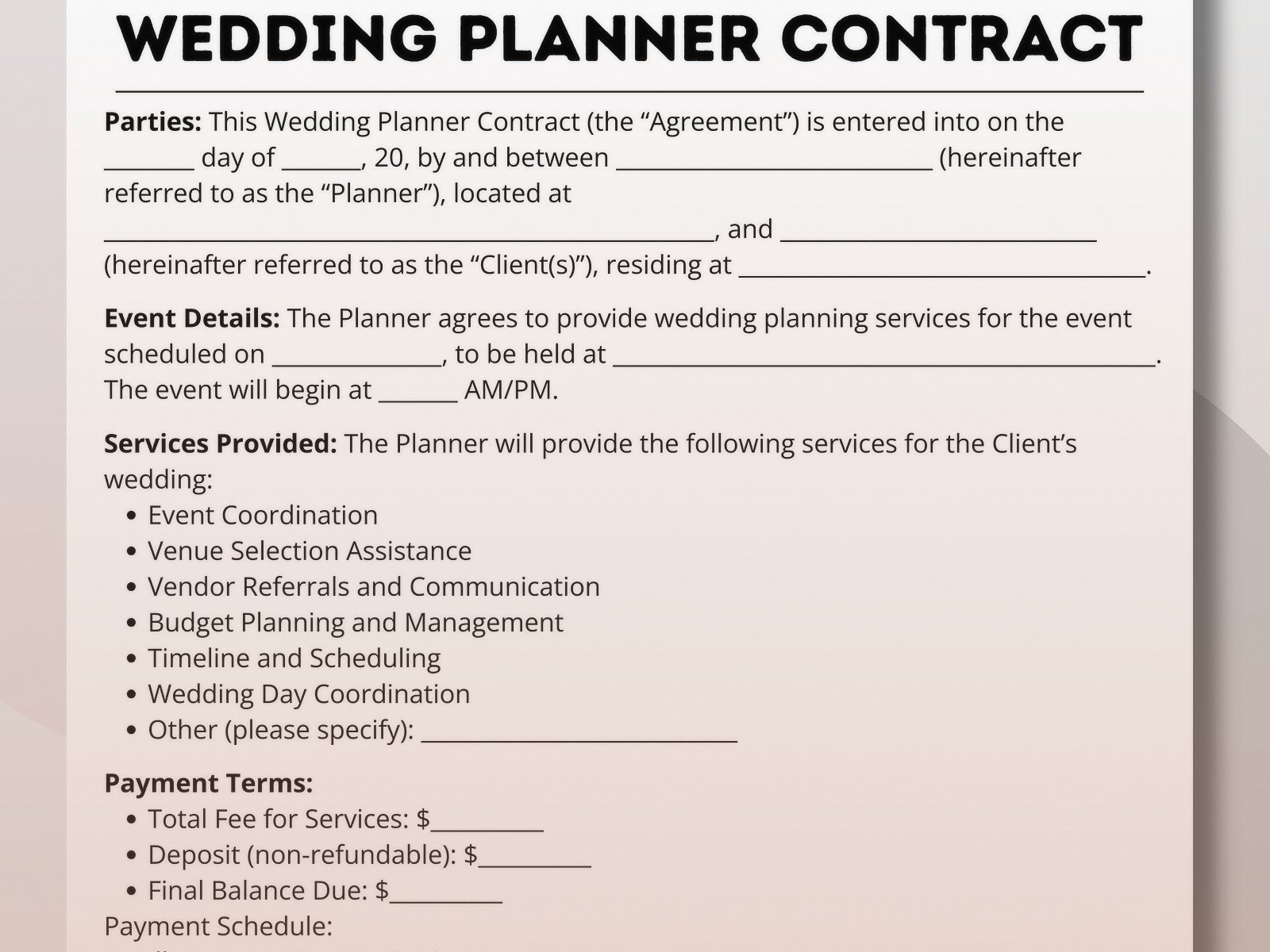 Wedding Planner Contract Sample: Agreement Template Example